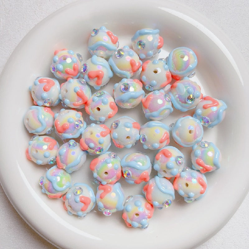 Hand Painted Rhinestone Flower Acrylic Round Beads 16mm 5pcs 3