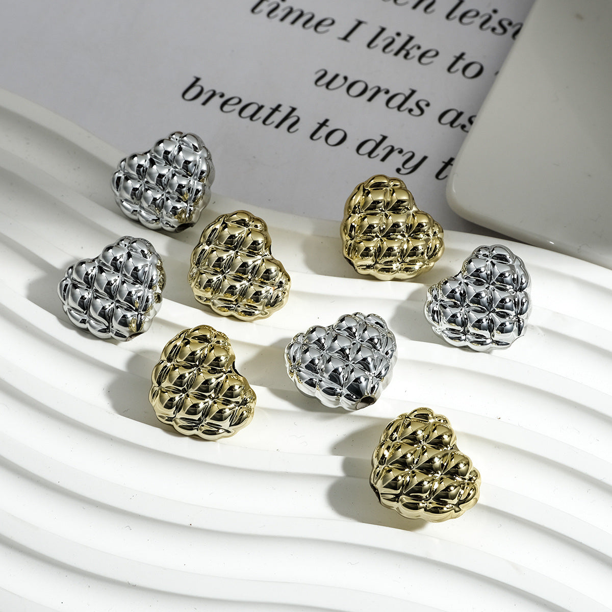 Plating Heart Acrylic Beads 17mm Metallic Gold Silver Waffle 50pcs