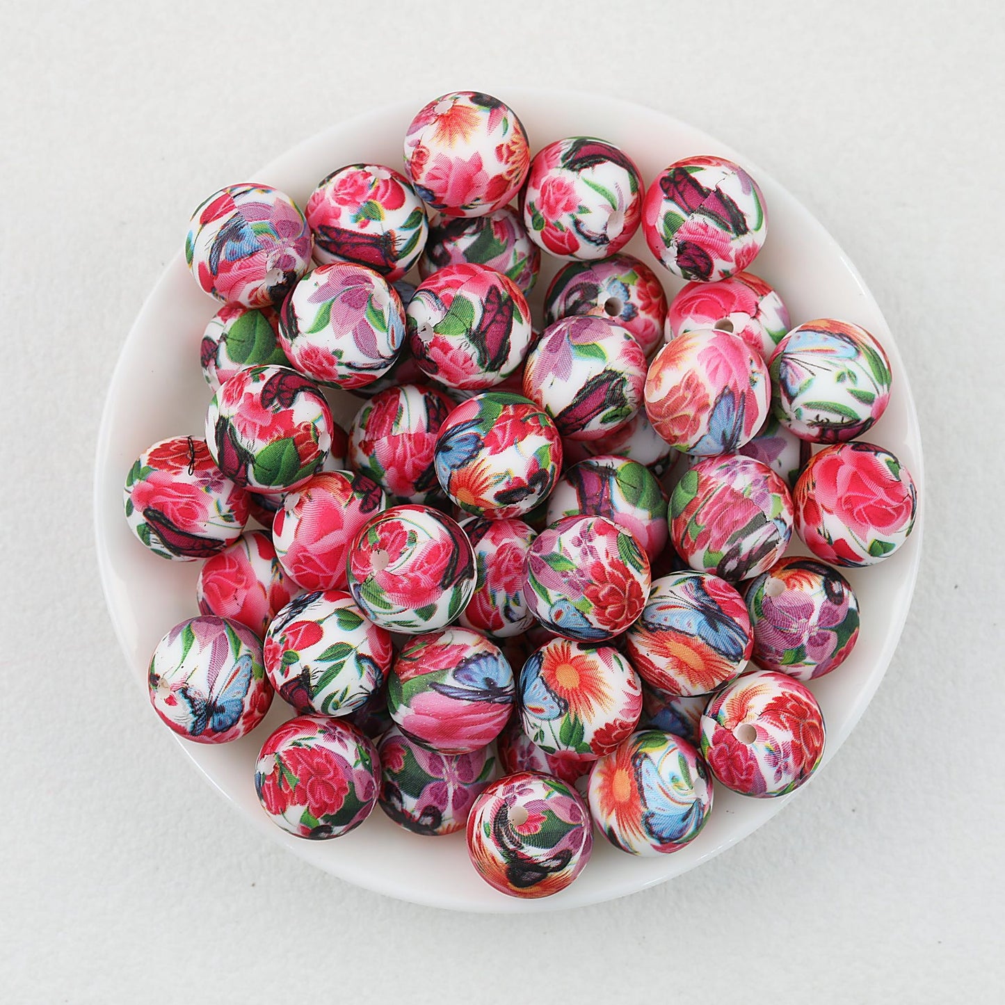 15mm Floral Pattern Print Round Silicone Beads Dark Base 50pcs - Flower Cluster