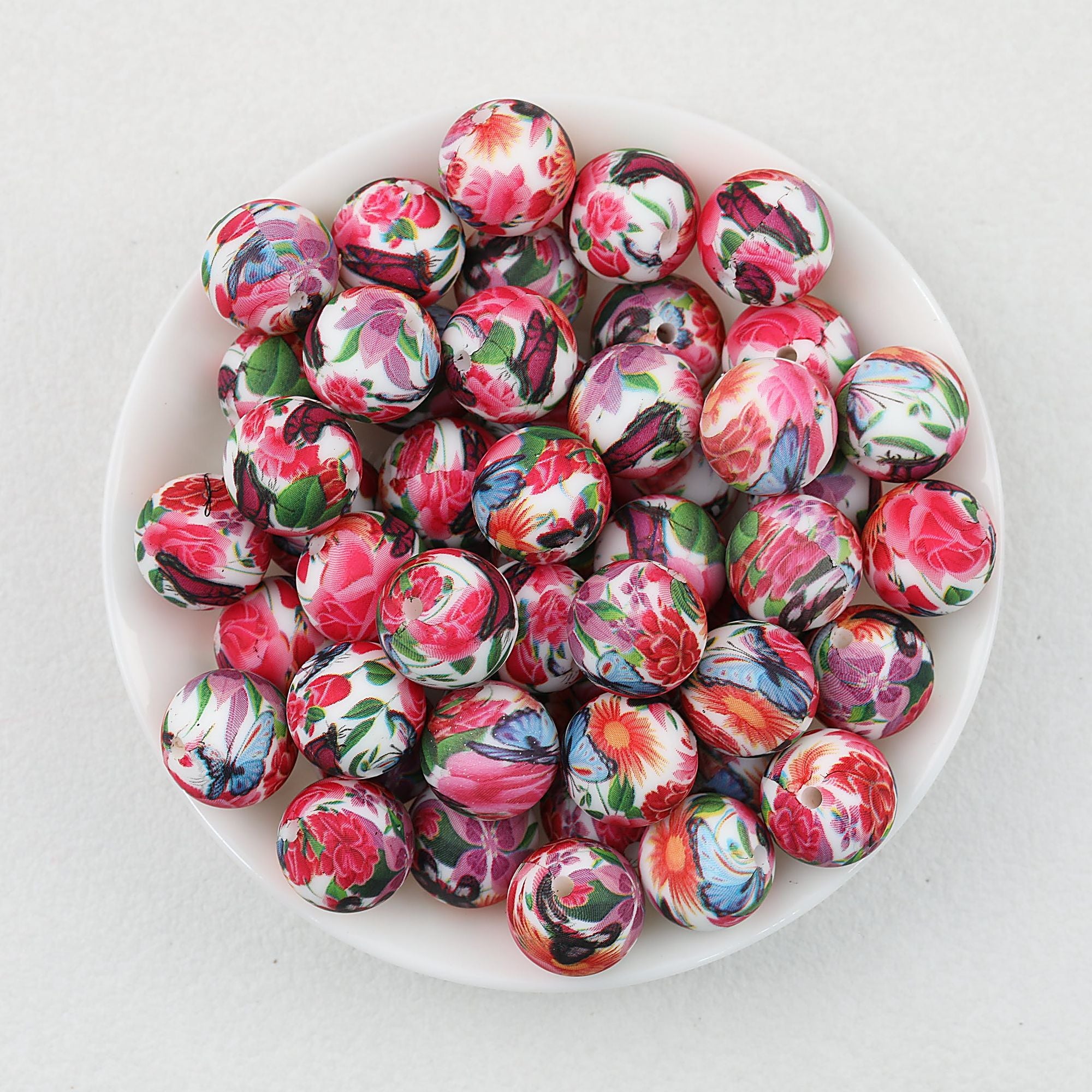 15mm Floral Pattern Print Round Silicone Beads Dark Base 50pcs - Flower Cluster