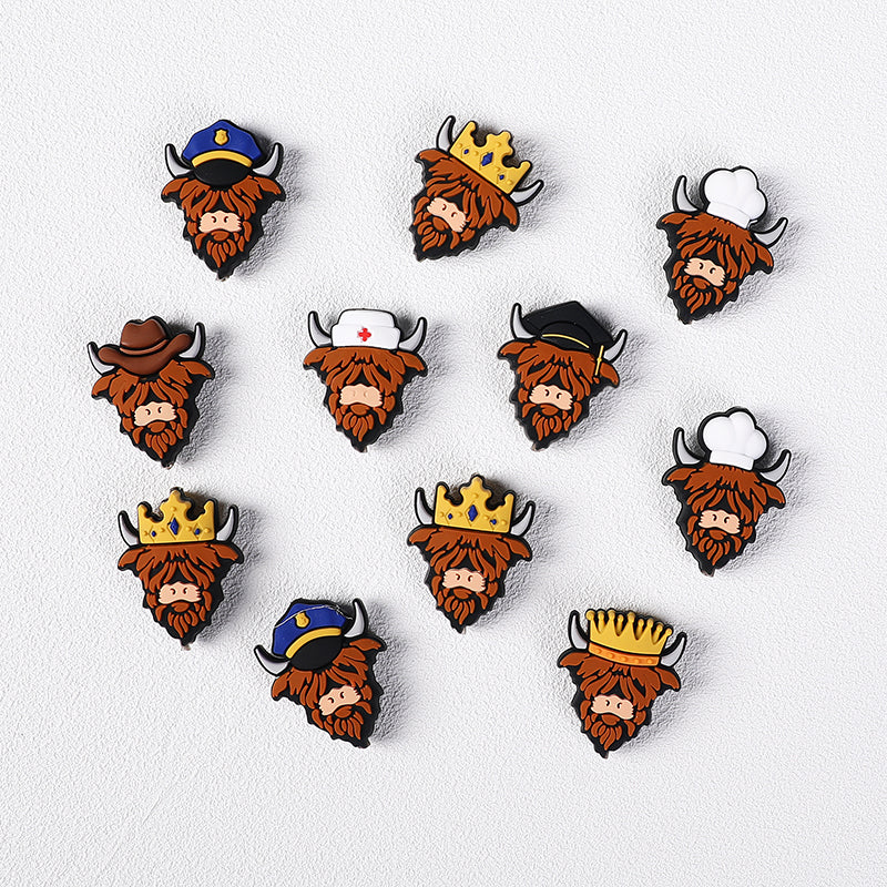 Silicone Focal Beads Highland Cattle Wearing Police Hat Crown 20pcs