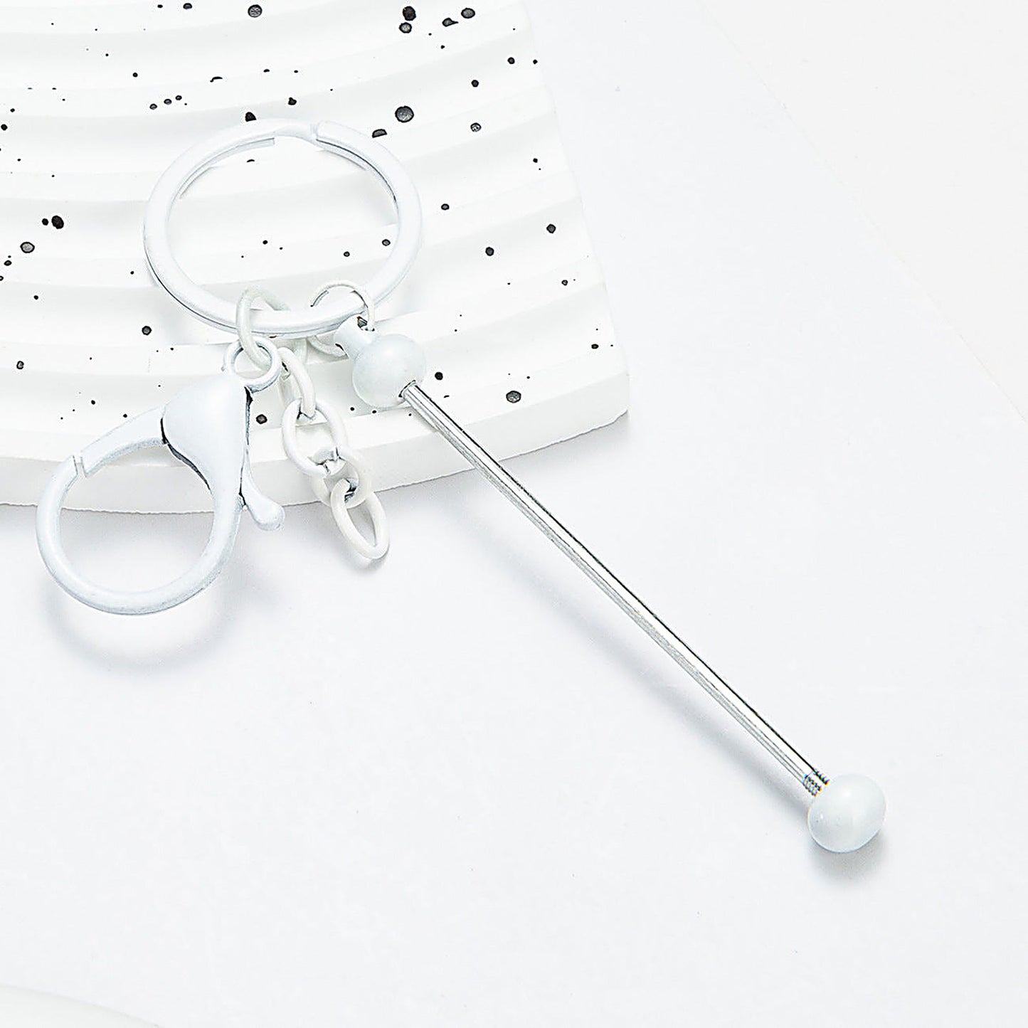 Beadable Keychain Bar Metal Slender Shaft Polished Ball Lobster Clasp - White