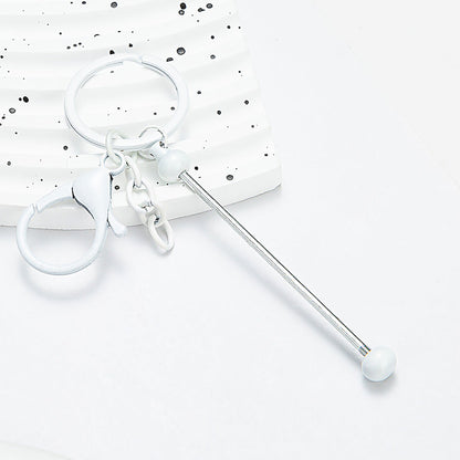 Beadable Keychain Bar Metal Slender Shaft Polished Ball Lobster Clasp - White