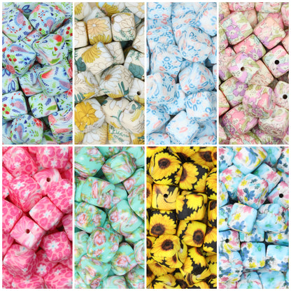 Floral Pattern 13.5mm Square Silicone Beads Printed Design 50pcs