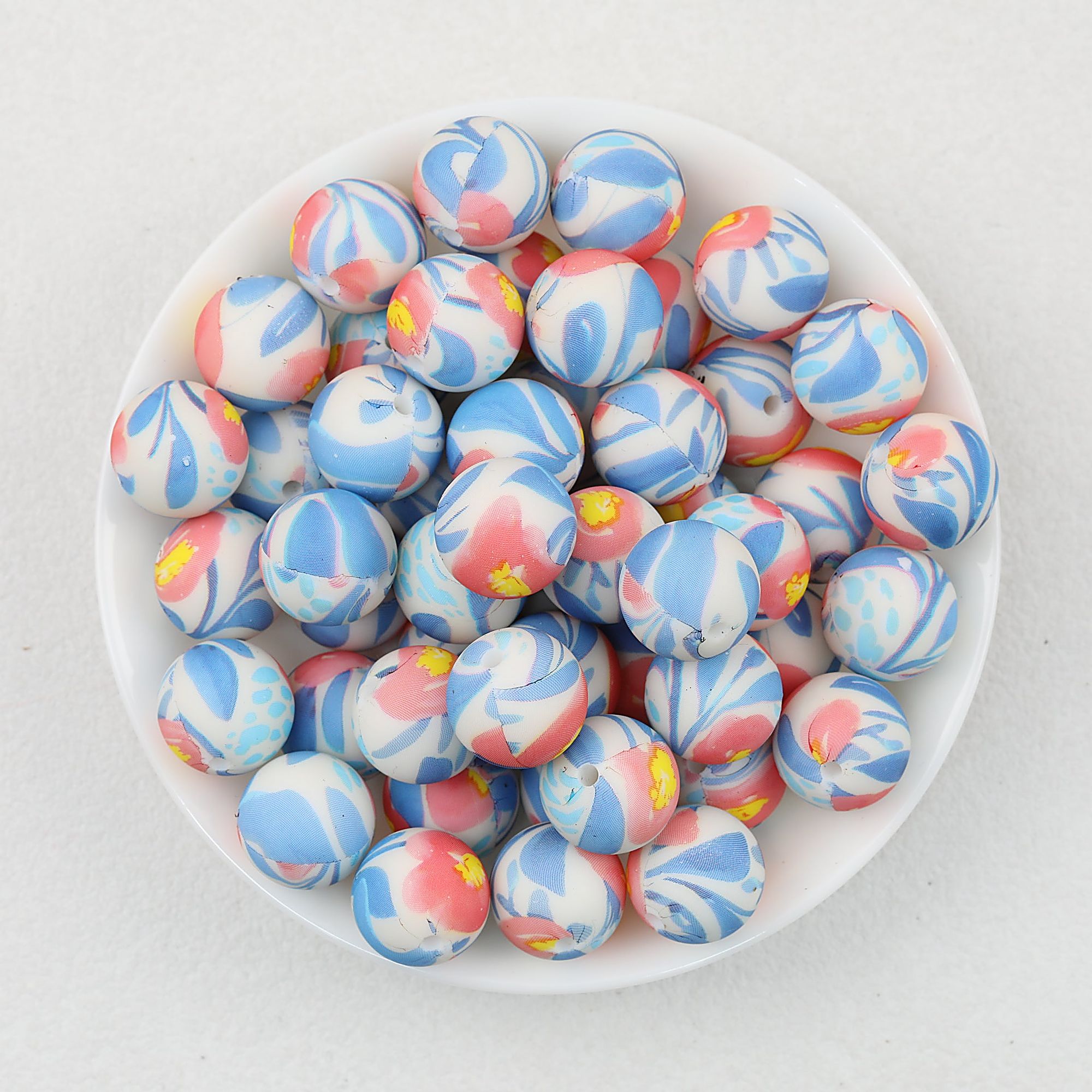 15mm Print Round Silicone Beads with Colorful Floral Patterns 50pcs - Pattern 5