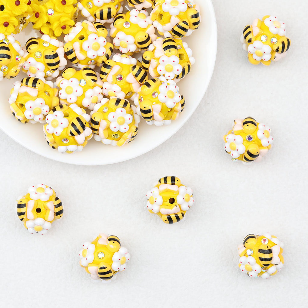 Bee and Flower 20mm Resin Bubblegum Beads Yellow White 10pcs