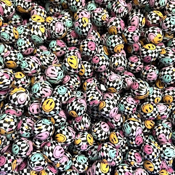 15mm Silicone Beads Grid Smiley Face Print Glossy Finish 50pcs