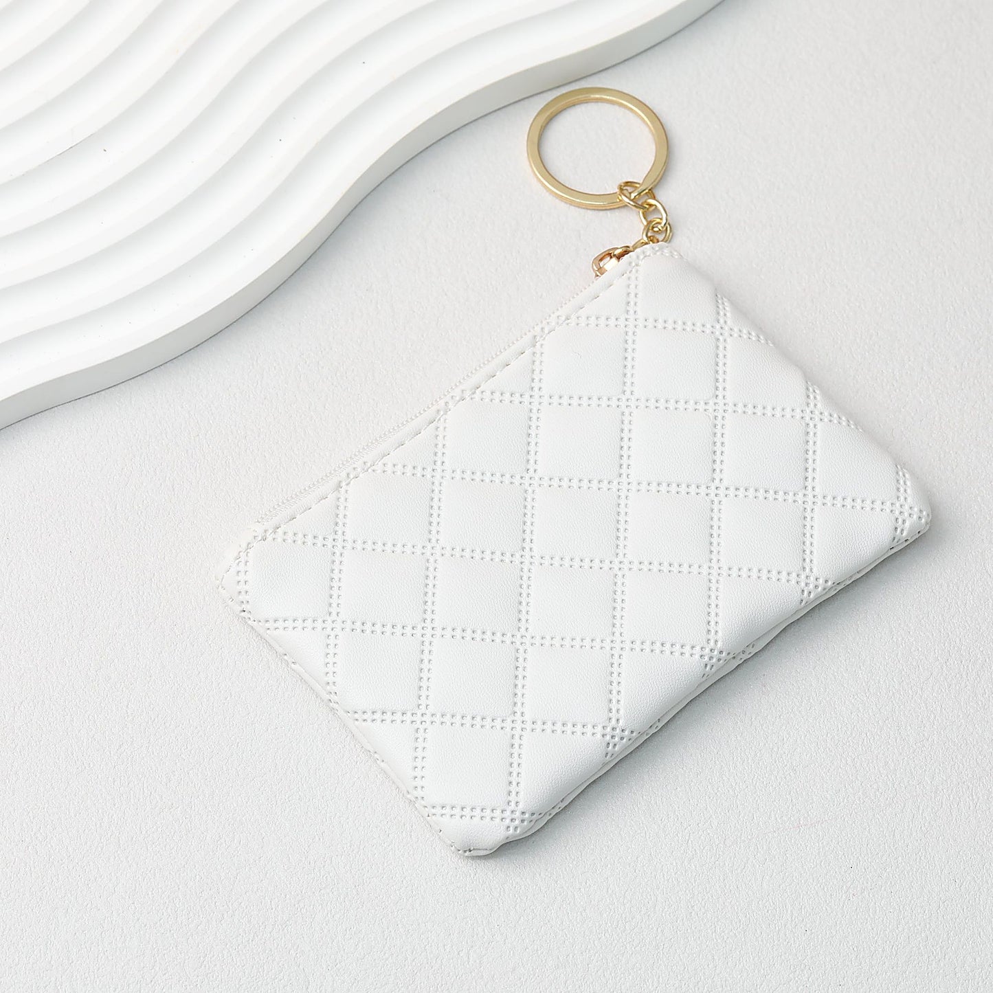 Wallet Keychain Coin Purse Plaid Simple Solid Color - White