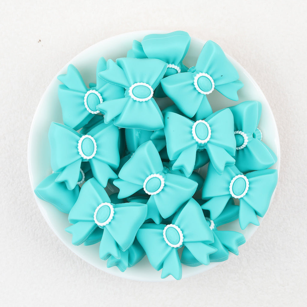 3D Emerald Silicone Focal Beads Wholesale, Western Cowboy Turquoise Bow White Scalloped Center