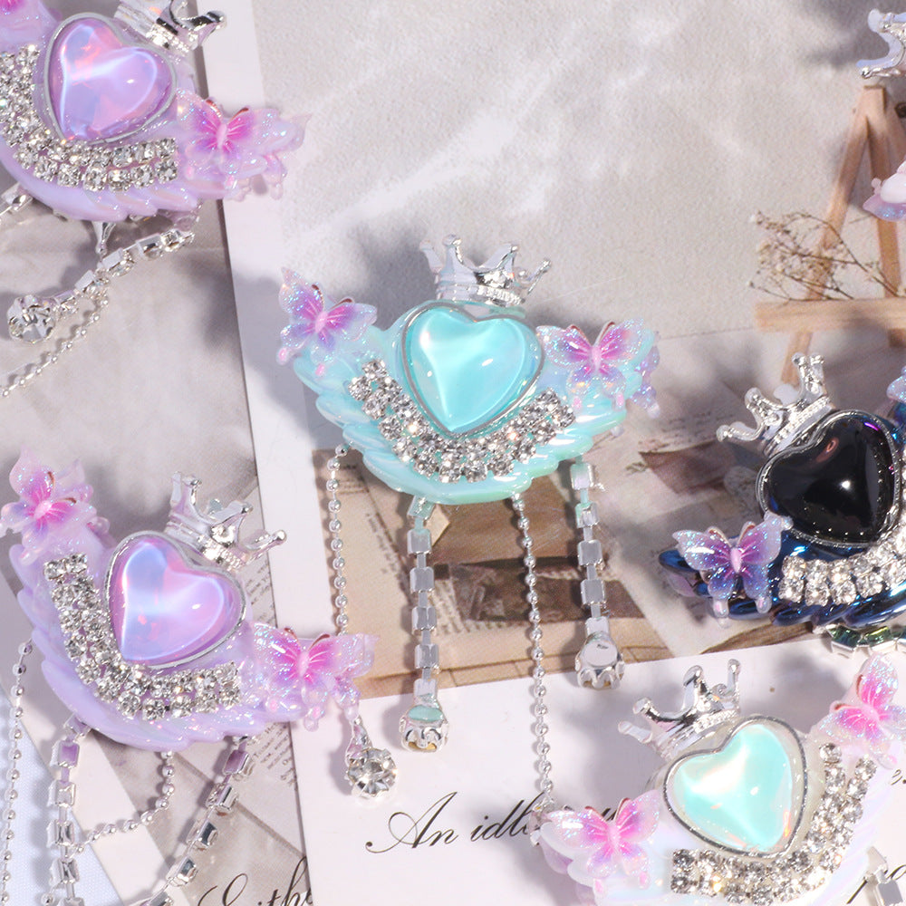 Crown Heart Tassel Rhinestone Beads 27x36mm 6pcs