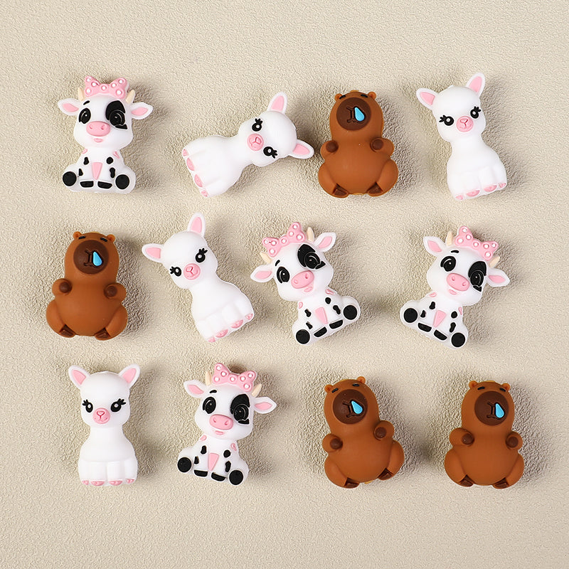 3D Animal Silicone Focal Beads Llama Cow Capybara 20pcs 3