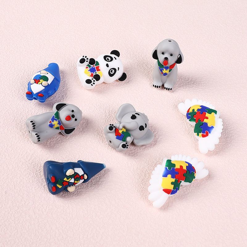 Silicone 3D Focal Beads Autism Pet Love Puzzle Pattern Puppies Panda 3
