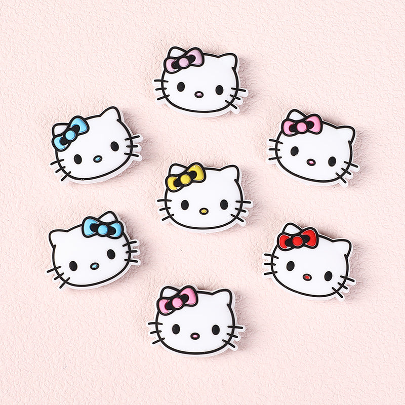 Silicone Focal Beads KT Cat Head With Pink and Red Bow 20pcs