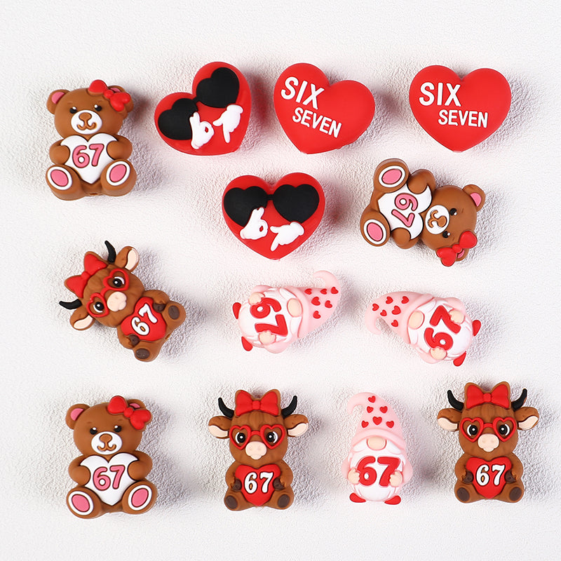 3D Highland Cow Silicone Focal Beads Wholesale, Six Seven 67 Red Love Heart Character