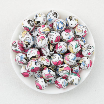 15mm Printed Cartoon Pattern Silicone Round Beads 50pcs 3