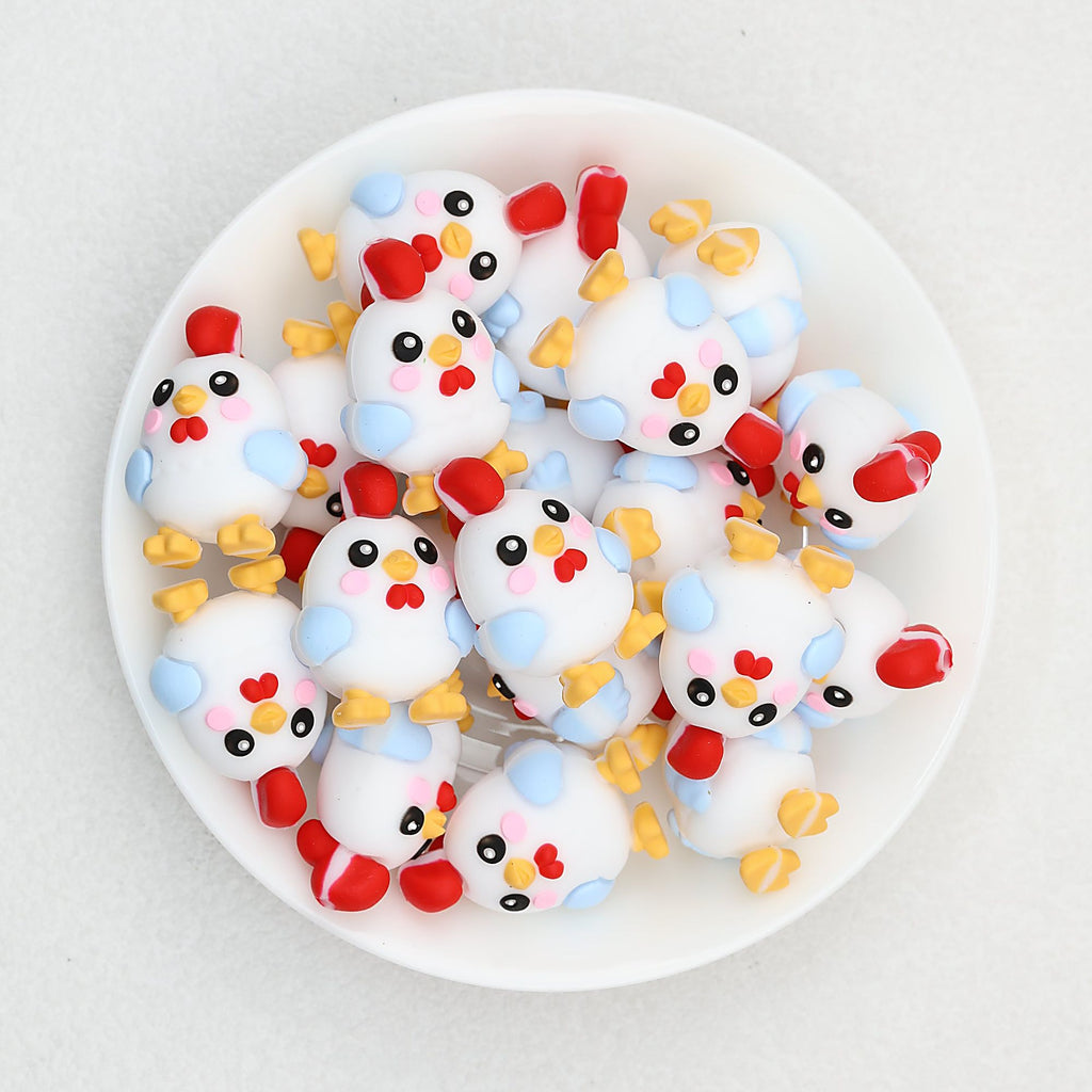 Cute 3D Chicken Silicone Focal Beads White Blue Yellow Red 20pcs