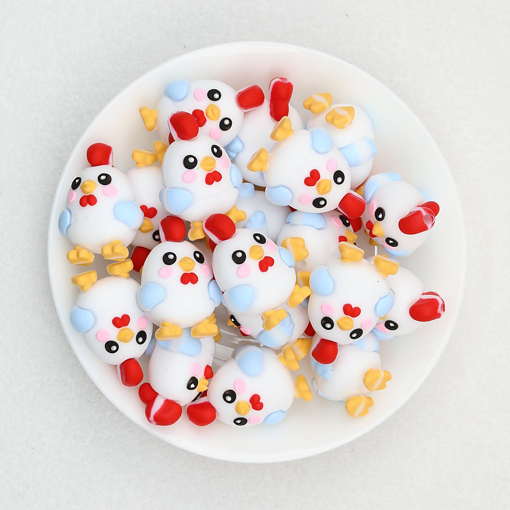Cute 3D Chicken Silicone Focal Beads White Blue Yellow Red 20pcs