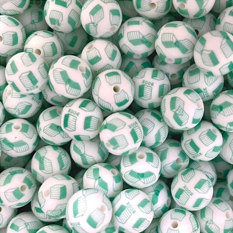 15mm Silicone Beads Blue Green Stack Of Books Print 50pcs