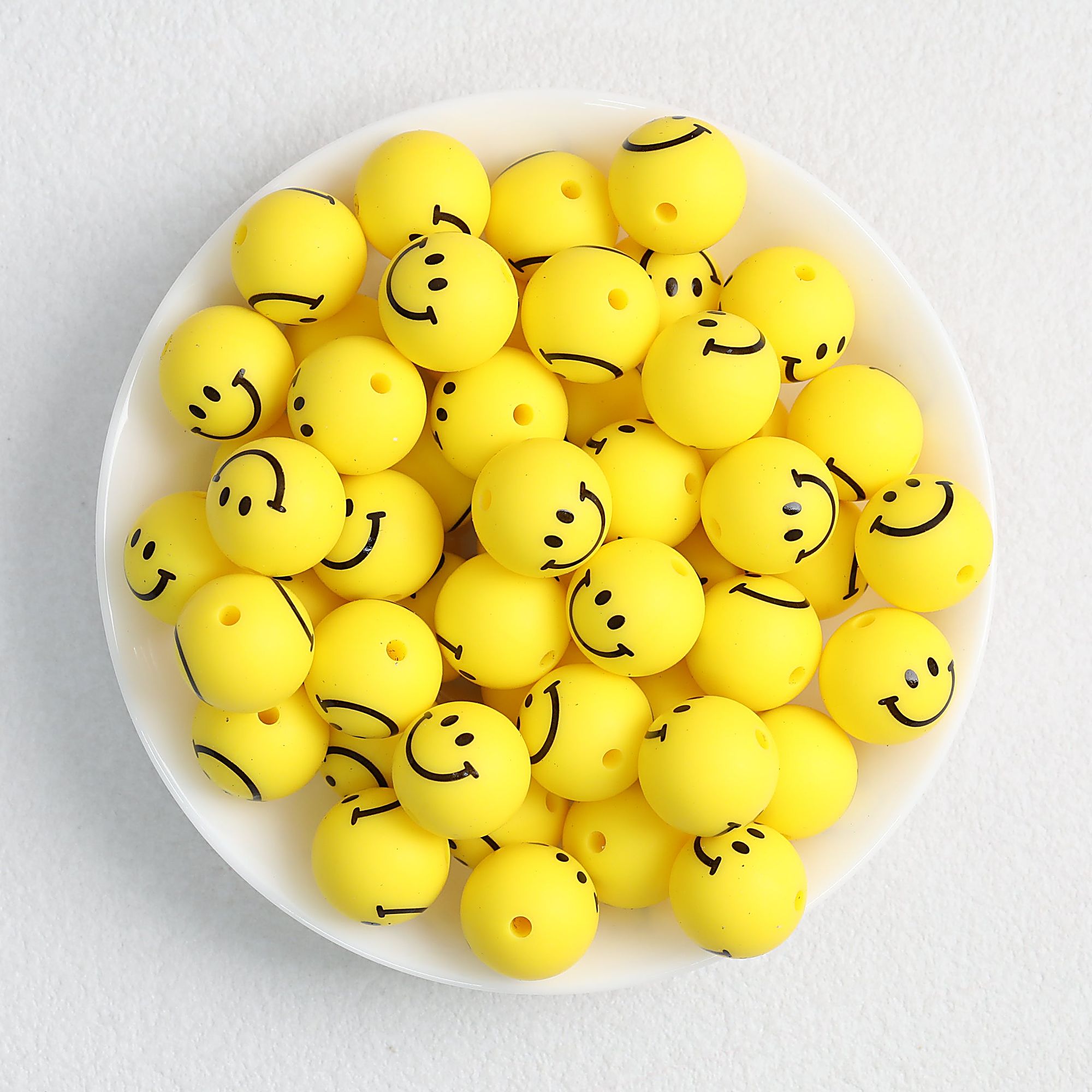 15mm Smiley Face Printed Round Silicone Beads  50pcs - Yellow 1