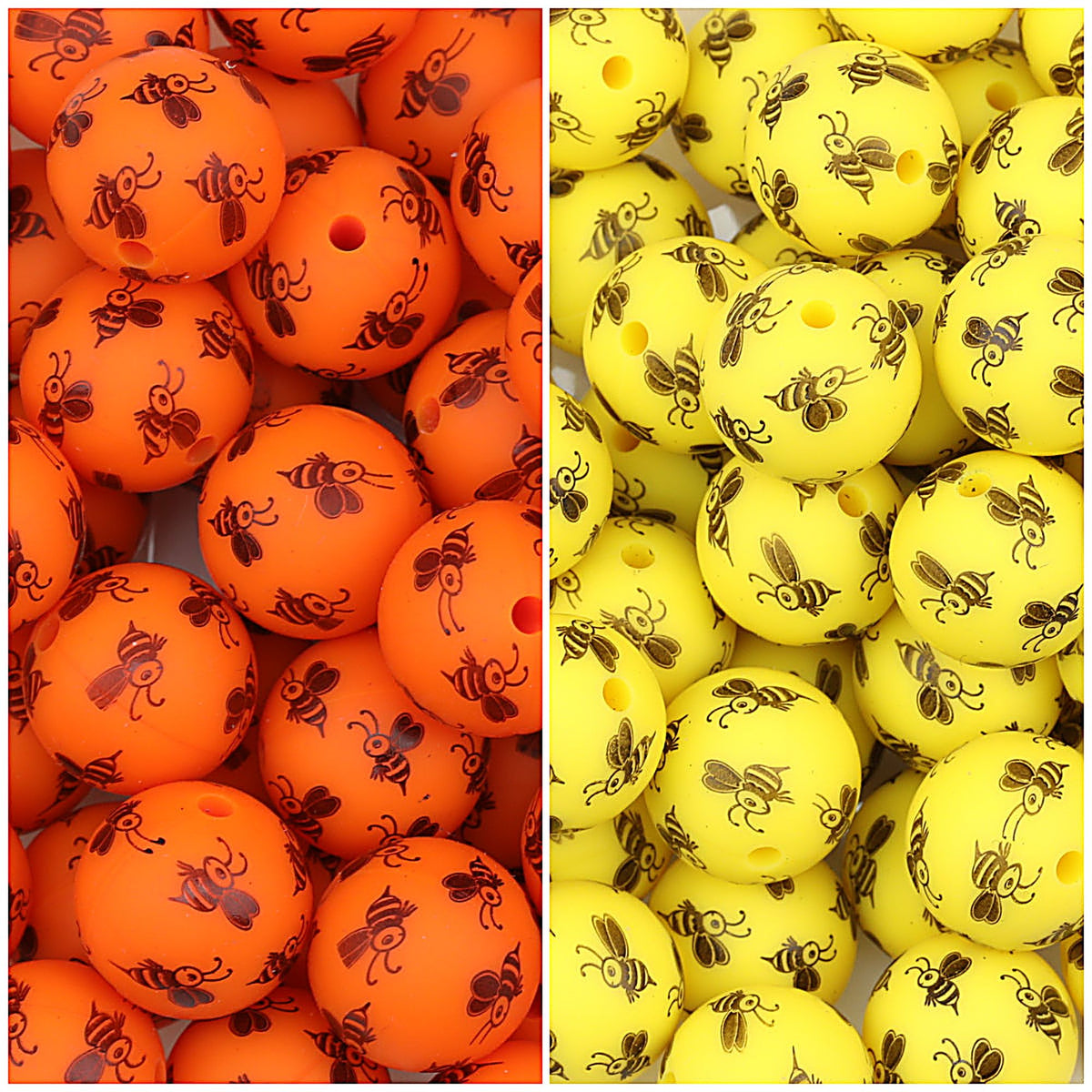 15mm Bee Pattern Printed Round Silicone Beads 50pcs