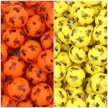 15mm Bee Pattern Printed Round Silicone Beads 50pcs