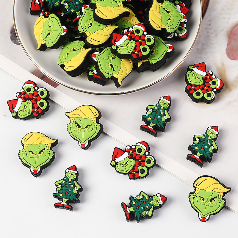 Silicone Focal Beads Christmas Grinch Face With Santa Hat 20pcs