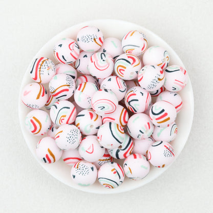 15mm Printed Pattern Silicone Beads Colorful Design 50pcs 6