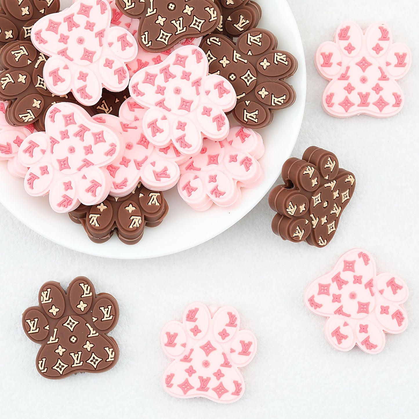 Luxury Inspired Bear Paw Silicone Focal Beads Pink Brown 20pcs