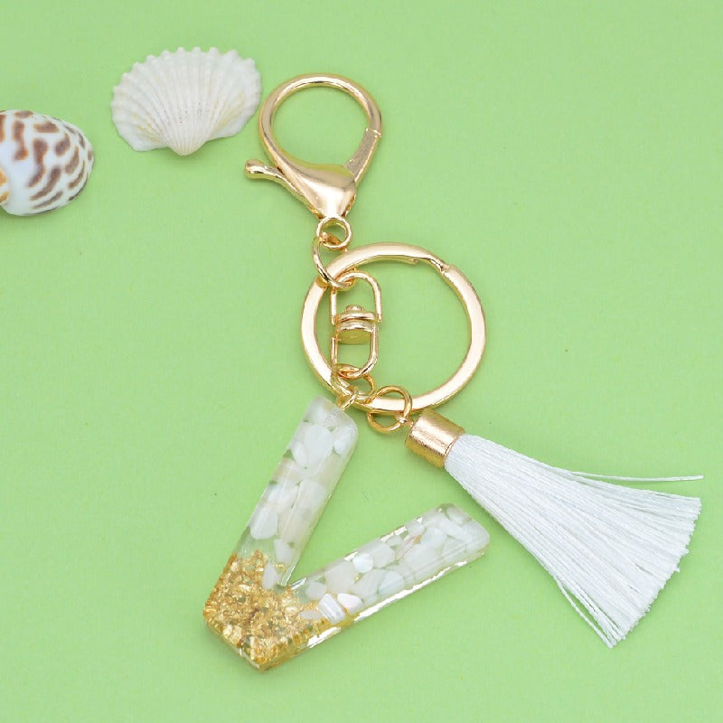 Tassel Letter A Keychain Resin Gold Flakes White Tassel 25