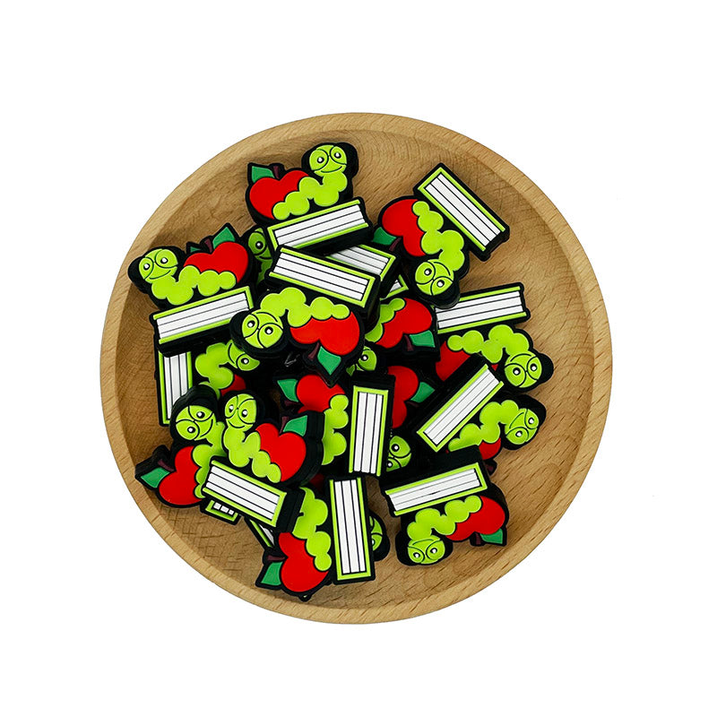 Silicone Focal Beads Caterpillar Green Critter on Apple on Book Stack 20pcs 2