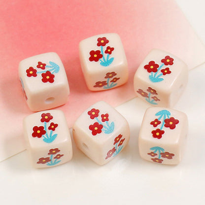 Heart Flower Square Acrylic Beads 14mm Colorful Pattern 10pcs 12