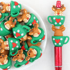 3D Reindeer Cup Silicone Focal Beads Wholesale, Green Christmas Snowflake Heart Pattern