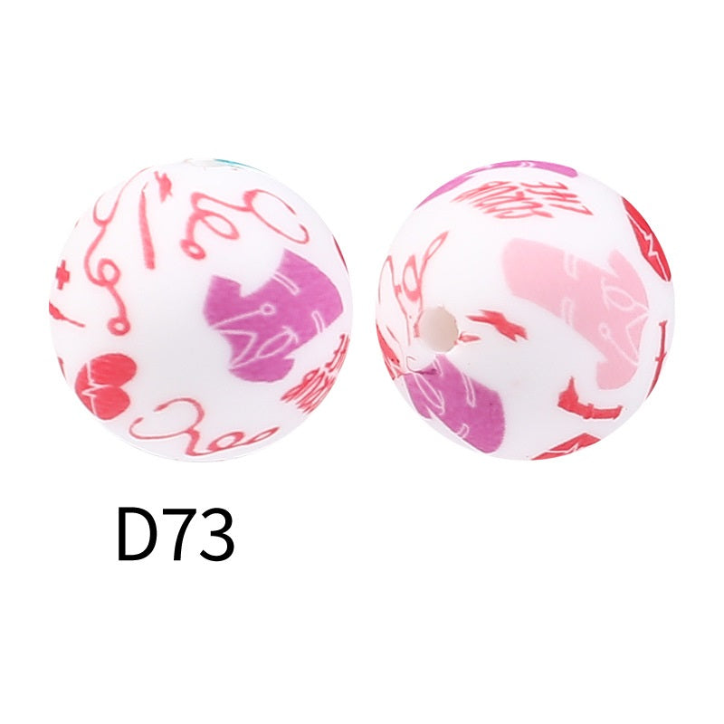 50Pcs 15mm Colored pattern printed silicone beads 75
