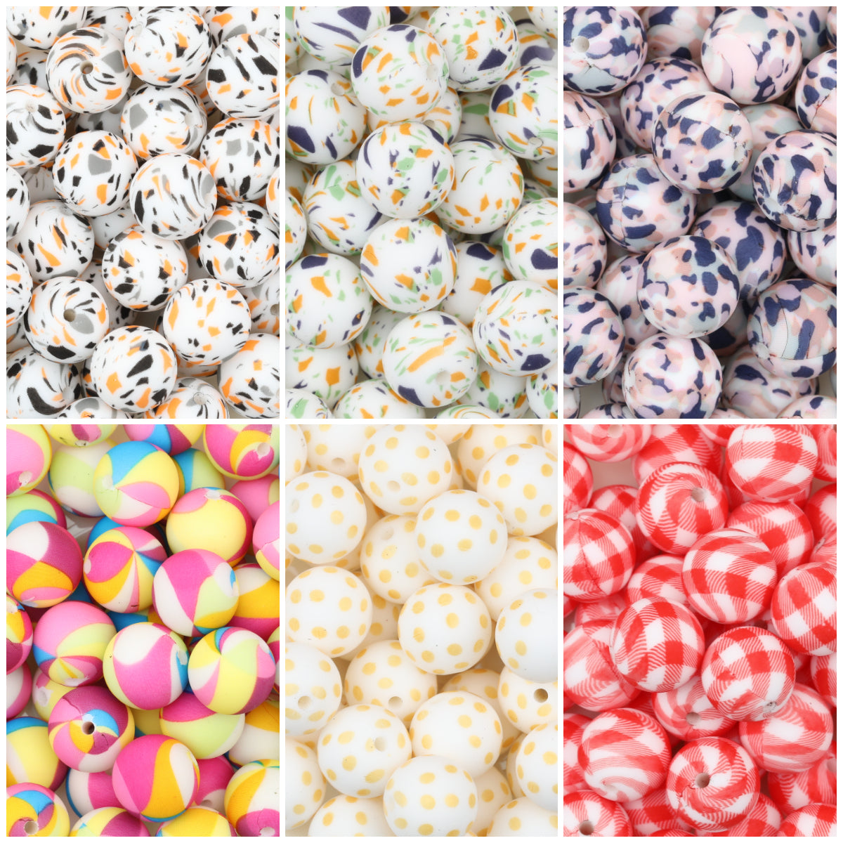 15mm Multicolor Patterned Printed Round Silicone Beads 50pcs