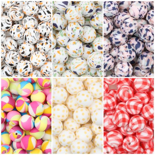 15mm Multicolor Patterned Printed Round Silicone Beads 50pcs