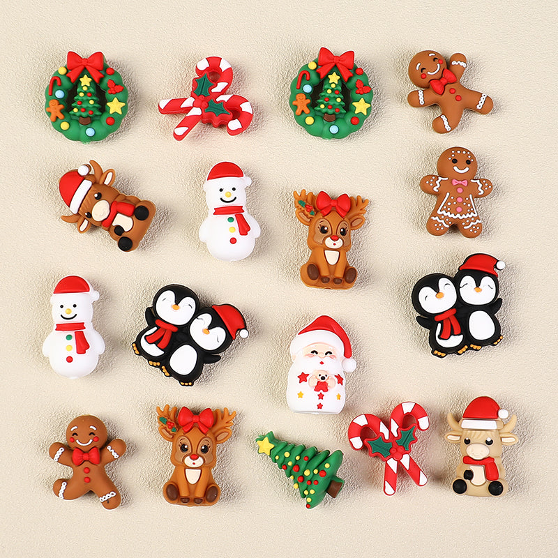 3D Christmas Silicone Focal Beads Holiday Characters Assortment 20pcs 2