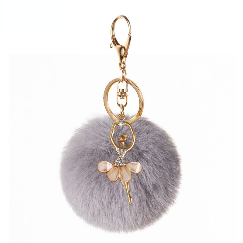 Pom Pom Keychain Alloy Ballet Girl Gold Tone with Rhinestones 12