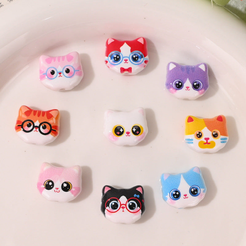 Cute Cartoon Double-Sided Printed Cat Head Acrylic Beads 15mm 20pcs 2