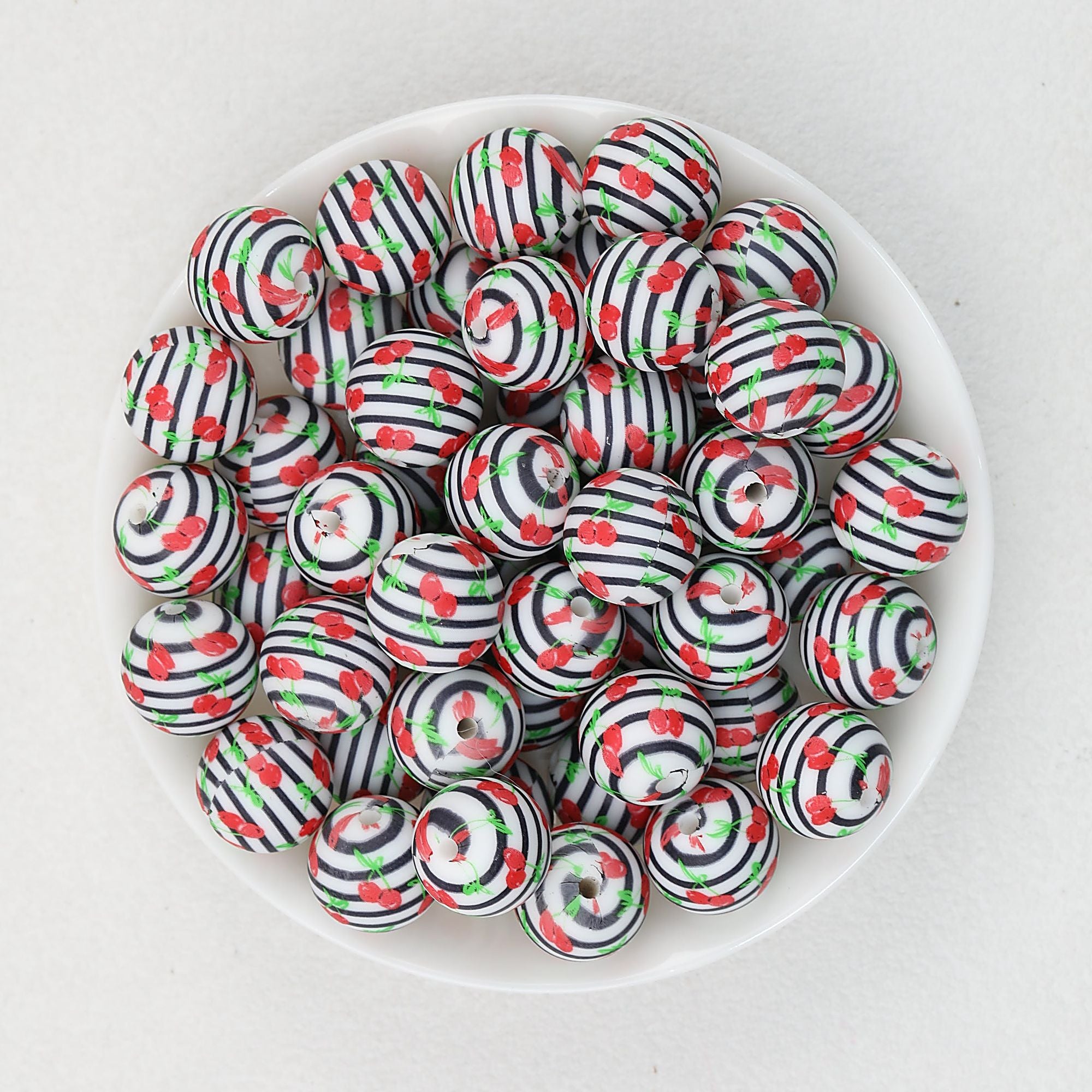 15mm Fruit Pattern Printed Silicone Round Beads 50pcs - Cherry Ring