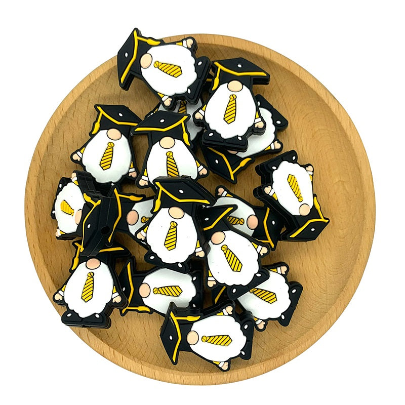 Silicone Focal Beads Graduation Gnome Wearing Yellow Tie Mortarboard 20pcs 2