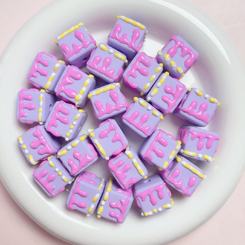 Hand Painted Cube Acrylic Beads 16mm Cream Dripping Icing 5pcs 2