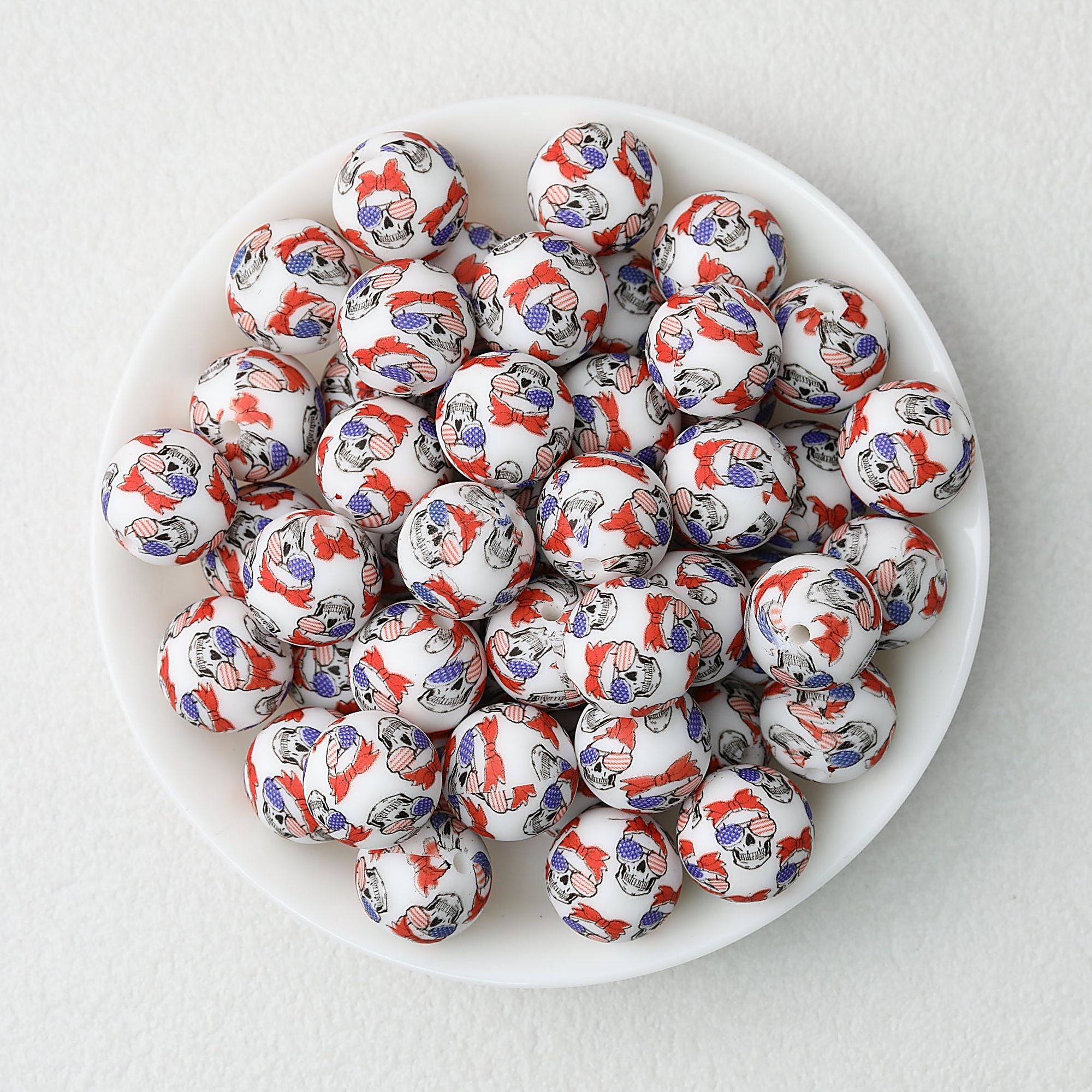 15mm Printed Silicone Beads with Nurse Ambulance and Floral Designs 50pcs - Skull