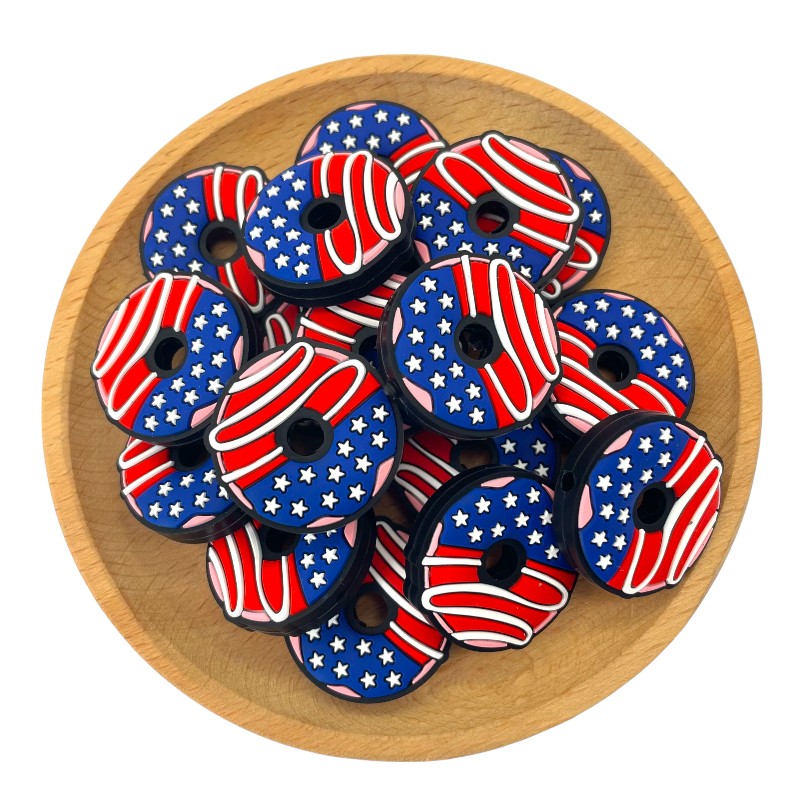 Silicone Focal Beads Independence Day US Doughnut Patriotic Design 20pcs 2