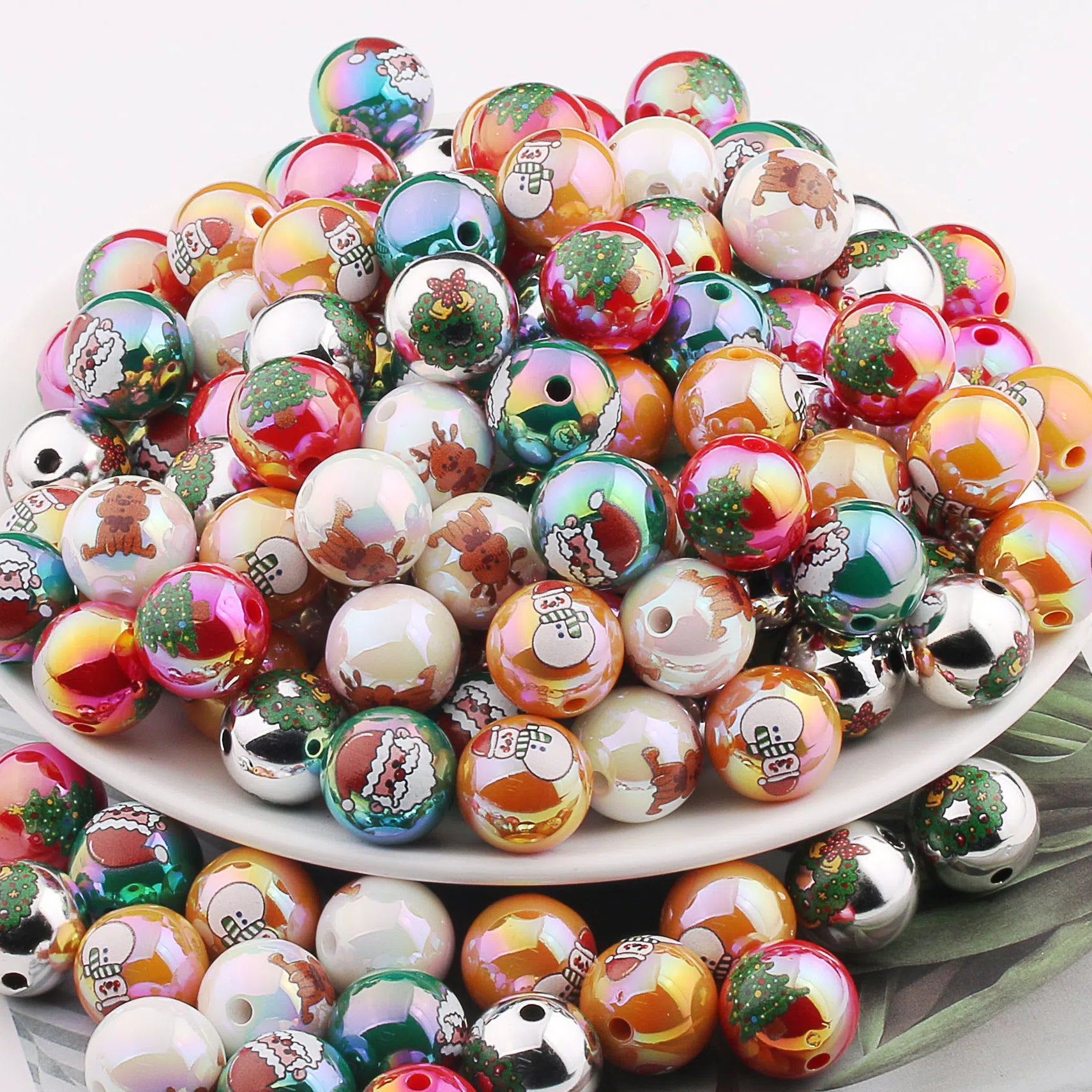 UV Plating Acrylic Beads 16mm Christmas Wreath and Reindeer Printed 20pcs 2