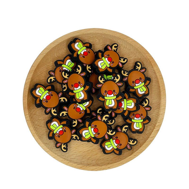 Silicone Focal Beads Christmas Reindeer Red Nose Raised Detail 20pcs 2