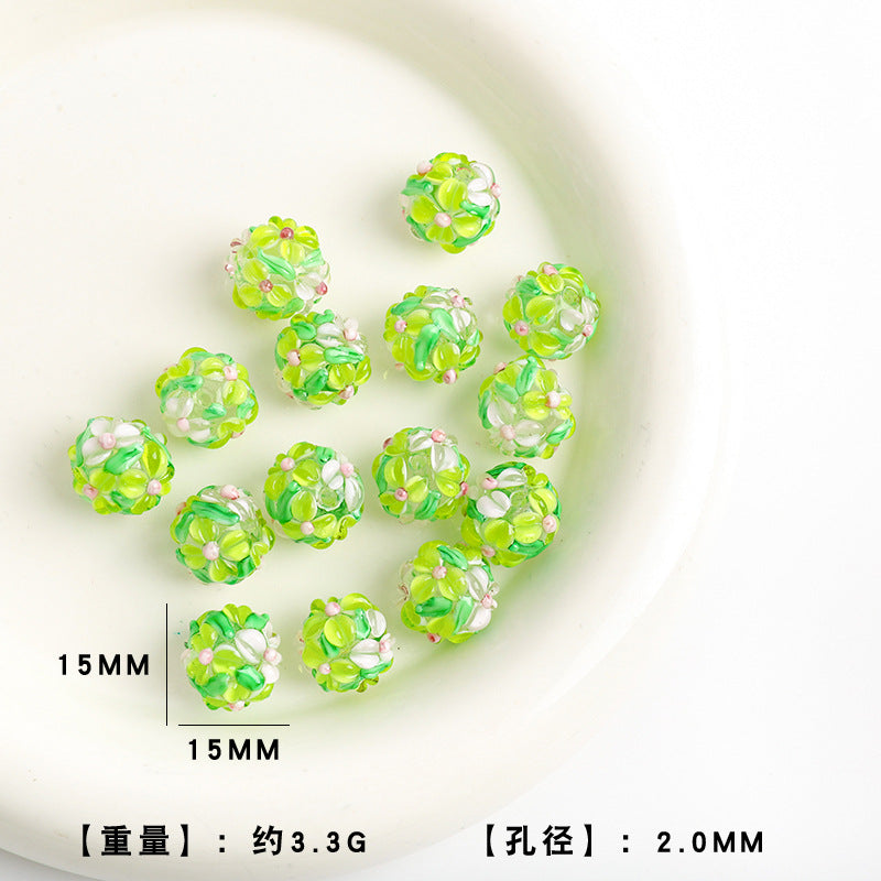 Colorful Flower Pattern Round Glass Beads 15mm 10pcs 6