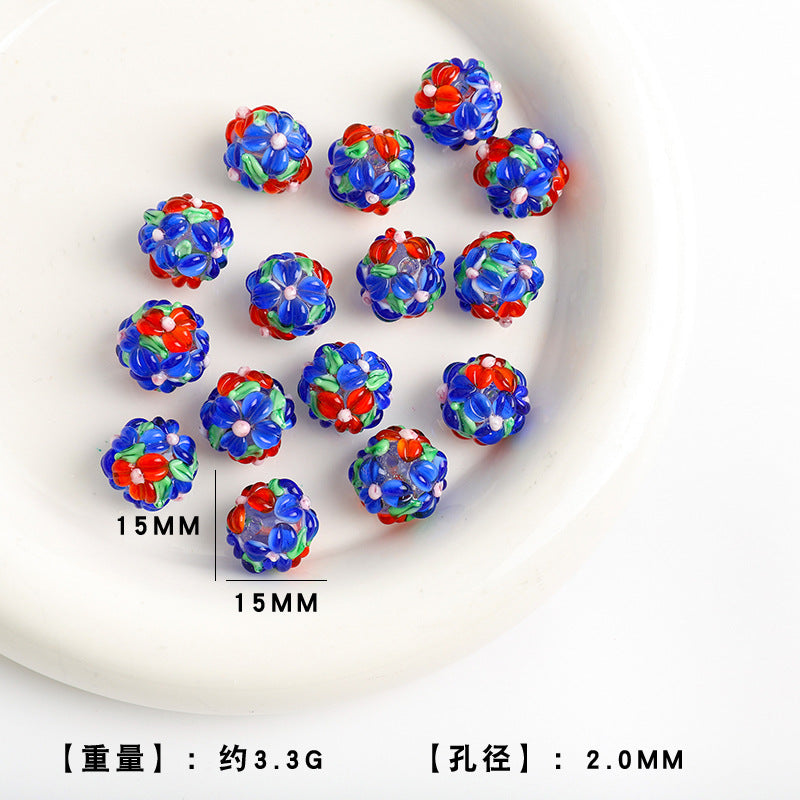 Colorful Flower Pattern Round Glass Beads 15mm 10pcs 8