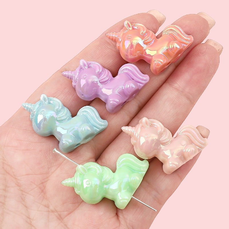 Painted Unicorn Acrylic Beads 25x26mm Pastel Iridescent Shine 4pcs 4