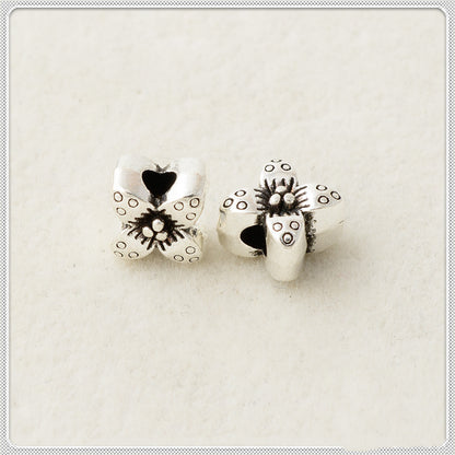 Four-Petal Flower Metal Beads 6mm 8mm Polka Dotted Antique Silver Tone 100pcs 3