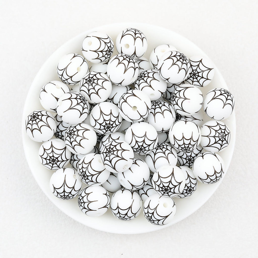 15mm Halloween Spider Web Printed Silicone Beads White Black 50pcs - Large Web